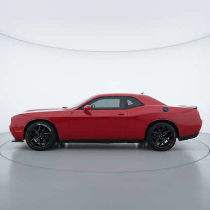 Red car on a white platform with a white background