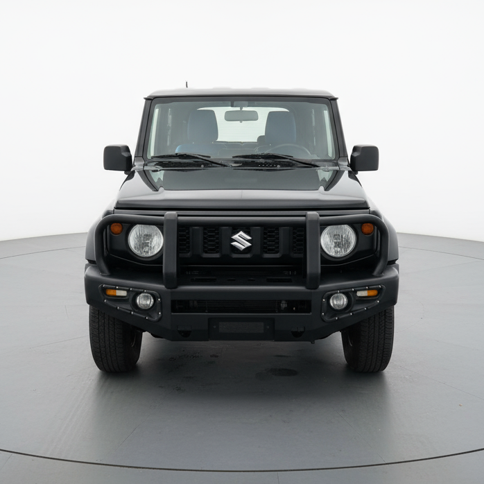 Black SUV on a white platform with a plain background
