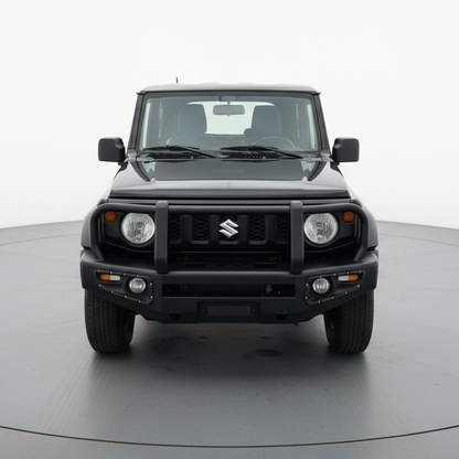 Black SUV on a white platform with a plain background