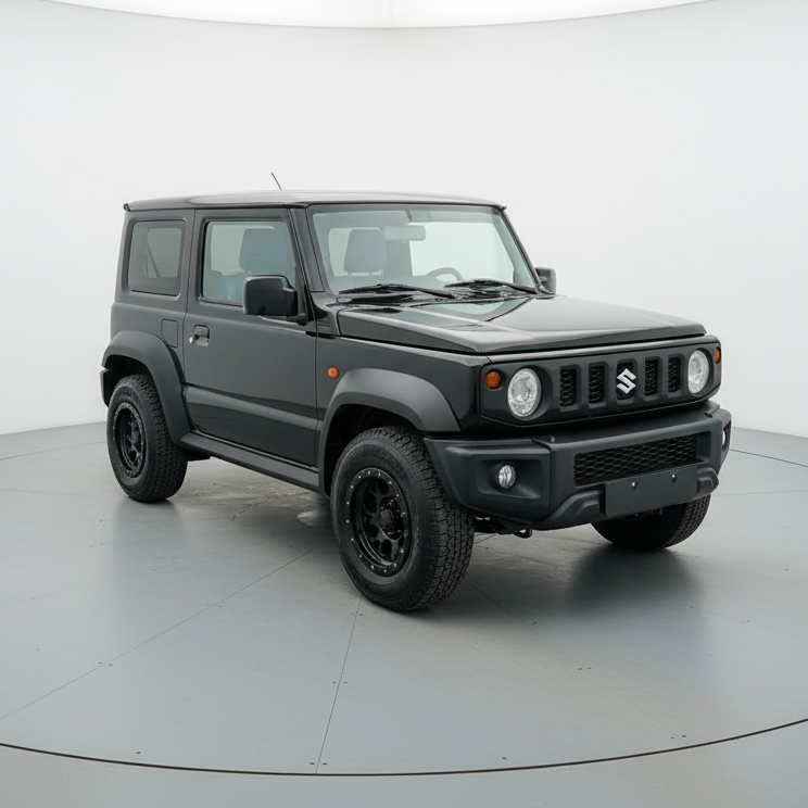 Gray SUV on a white platform with a white background