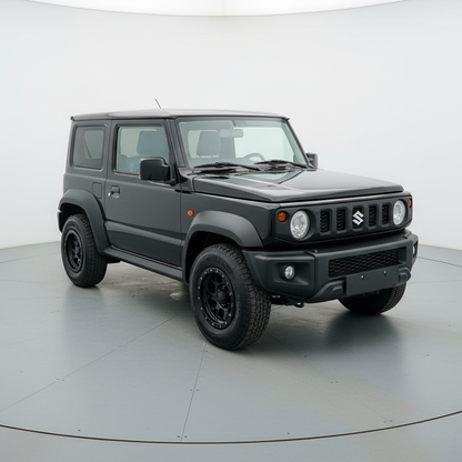 Gray SUV on a white platform with a white background