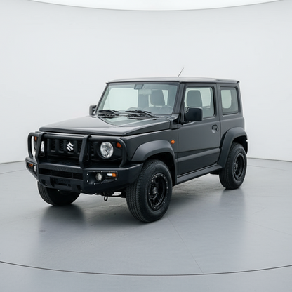 Black SUV on a white platform with a white background