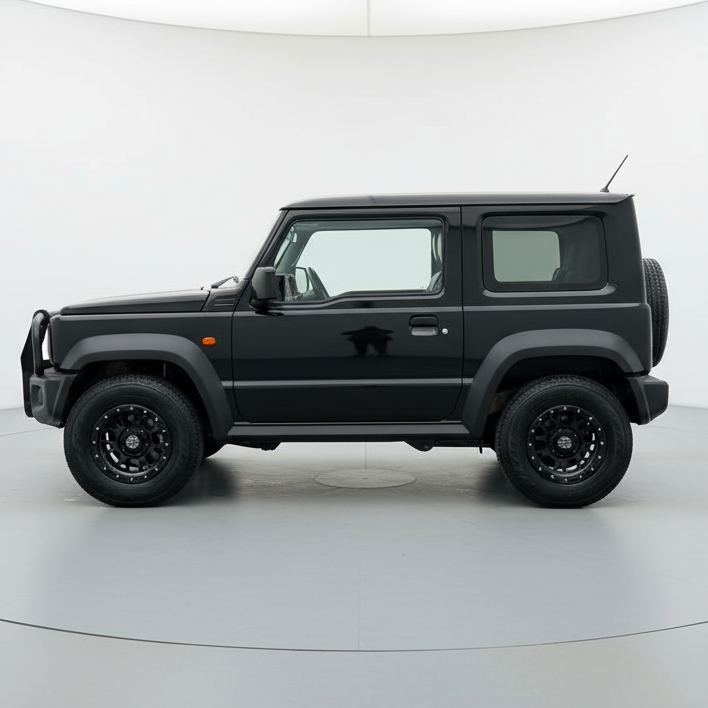 Black SUV on a white platform with a white background