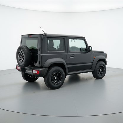 Gray SUV on a white platform with a white background